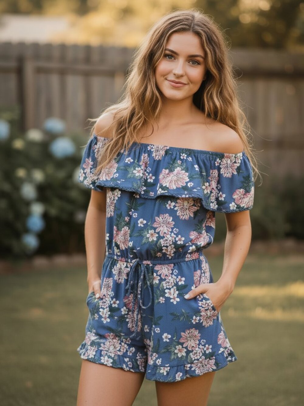 Derek Heart L Romper Shorts Blue Floral Ruffle knit Tassel Boho Cottage Coquette